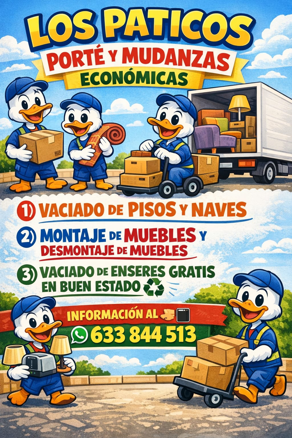 Cartel de Los Paticos: portes y mudanzas económicas con personajes mascota tipo patito
